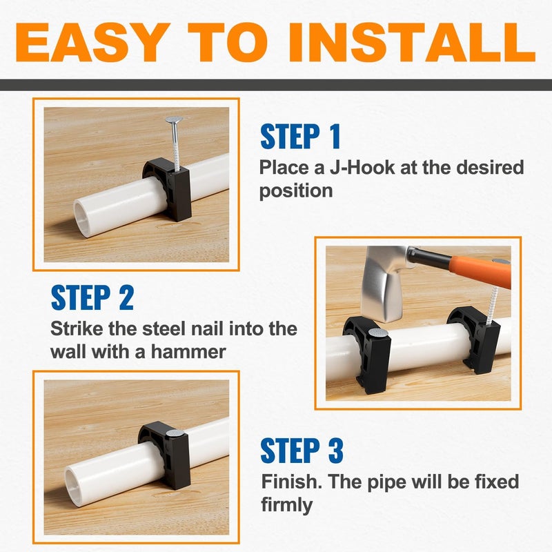 SUNGATOR (60 Pack) 1/2 Inch Pex J-Hook with Nails, Black Half Clamps, 1/2" J Clamps for Pex Pipe Support, 1/2" J-Hook Pipe Hanger Suitable for Wall Mount Pipe Tubing Fixture - Image 4