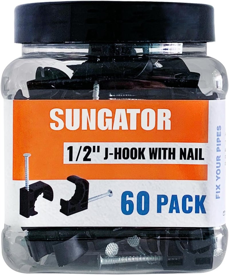SUNGATOR (60 Pack) 1/2 Inch Pex J-Hook with Nails, Black Half Clamps, 1/2" J Clamps for Pex Pipe Support, 1/2" J-Hook Pipe Hanger Suitable for Wall Mount Pipe Tubing Fixture - Image 1
