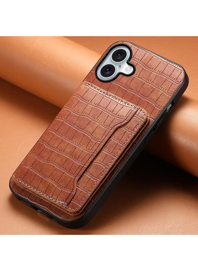 اس-توب جراب لهاتف iPhone 16 بتصميم حقيبة بطاقات من نسيج التمساح مع تغطية كاملة - Image 2