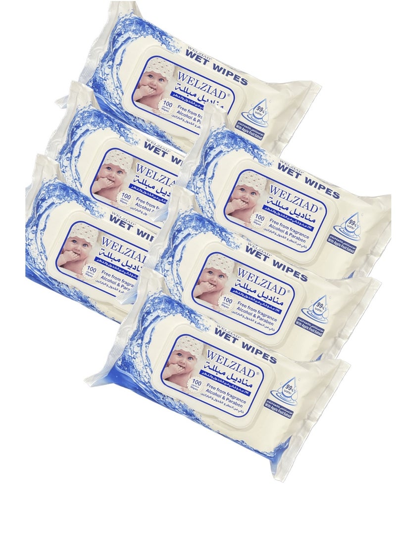 WELZIAD 98% Water Baby Wipes Ultra Soft for Sensitive Skin Fragrance Free Set of 6 Pack of 100 Wipes Total 600 Wipes  - Image 1