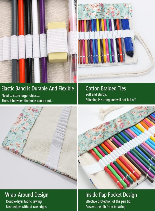 Yitexin 72 Slots Canvas Pencil Roll Wrap, Handmade Roll-Up Pencil Case Pouch Fabric, Large Capacity Pencil Case Holder Organizer for Artists Painting, Sketchers(Flower) - Image 3