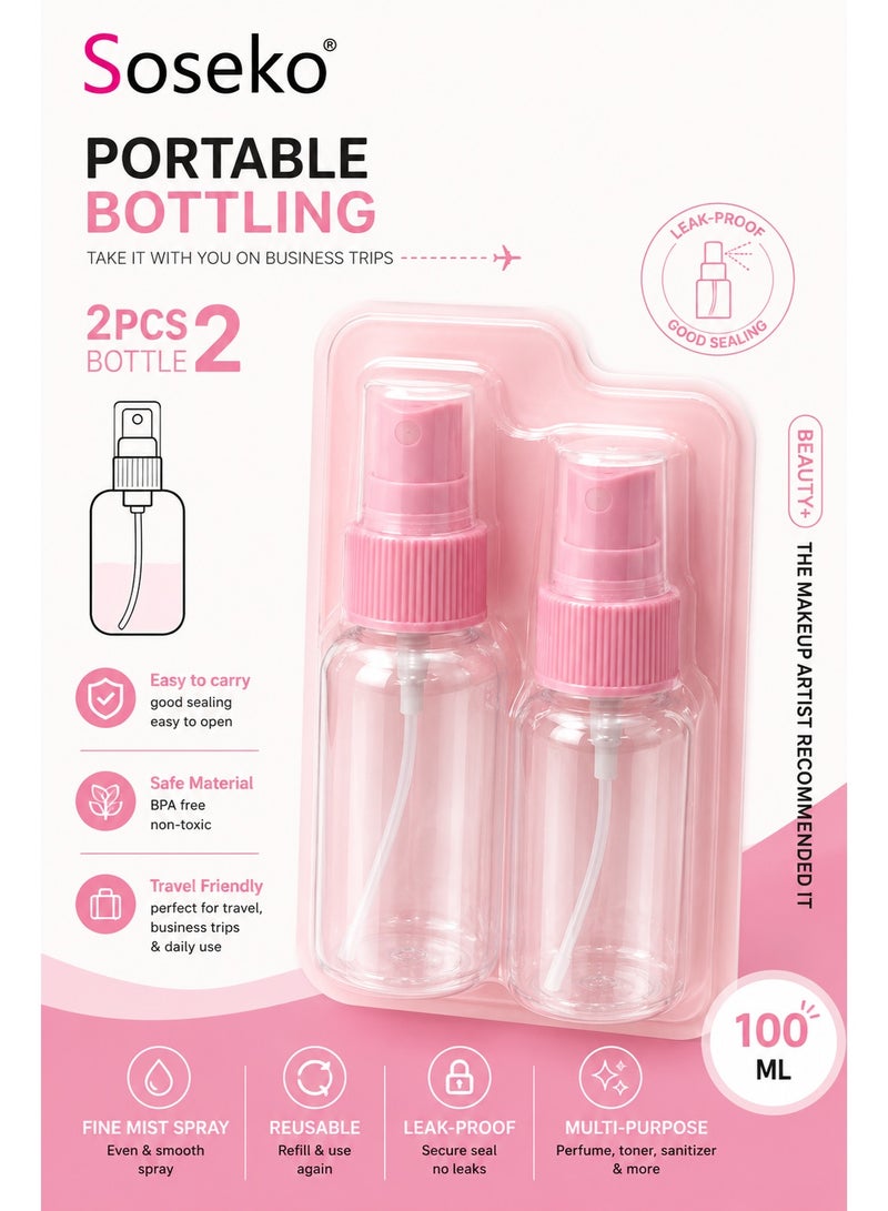 Soseko 2-Piece Travel Refillable Bottle Set, 100ml Leakproof Spray & Pump for Cosmetics & Toiletries