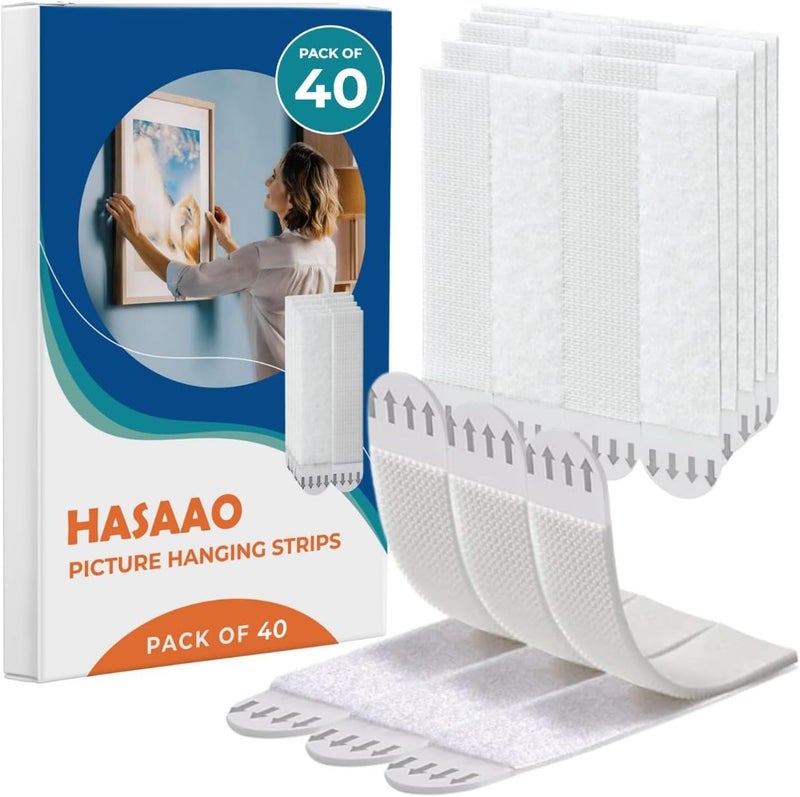 HASAAO شرائط تعليق الصور الكبيرة عالية التحمل - 40 شريط (20 زوج) ، شرائط لاصقة لتعليق الصور بدون تلف ، تركيب الصور والإطارات وزينة الجدران - Image 1