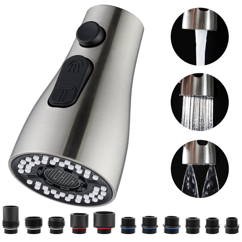 PerPaiMe Kitchen Faucet Sprayer Head Replacement - Pull Down Faucet Spray Head With 11 Adapters  Pull Out Faucet Sprayer Nozzle  3 Function Kitchen Tap Spray Spout Part Connector  Brushed Nickel - Image 1
