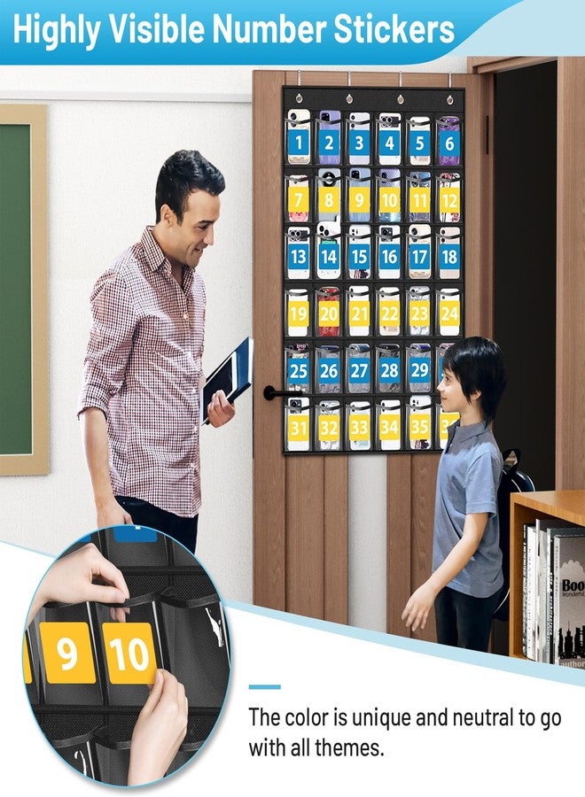 MISSLO Cell Phone Pocket Chart for Classroom with 36 Modern Number Stickers Over The Door Calculator Holder for Wall Mount Clear Hanging Cell Phone Holder Classroom Storage Organizer, Black - Image 2