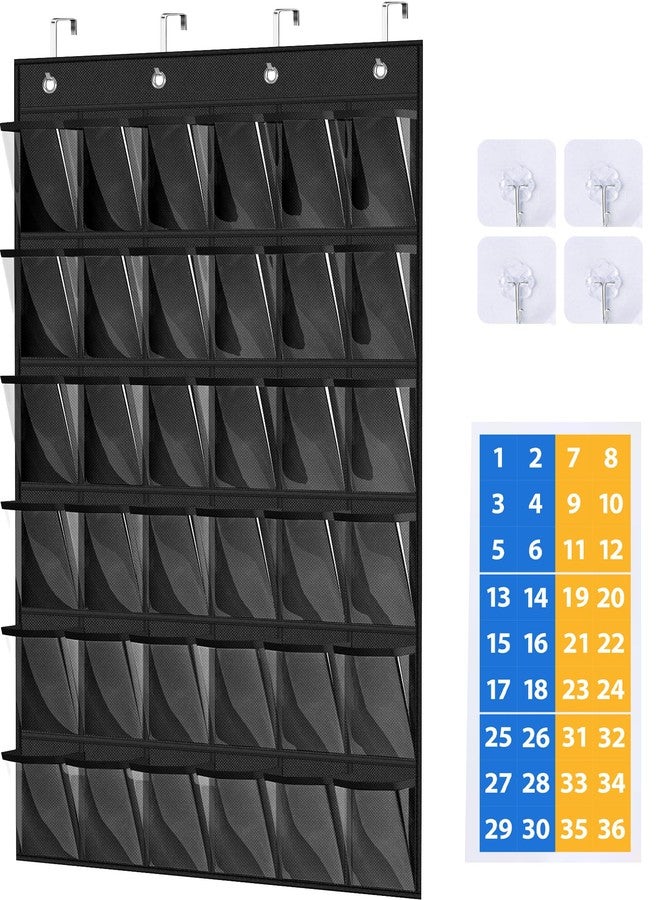 MISSLO Cell Phone Pocket Chart for Classroom with 36 Modern Number Stickers Over The Door Calculator Holder for Wall Mount Clear Hanging Cell Phone Holder Classroom Storage Organizer, Black - Image 1