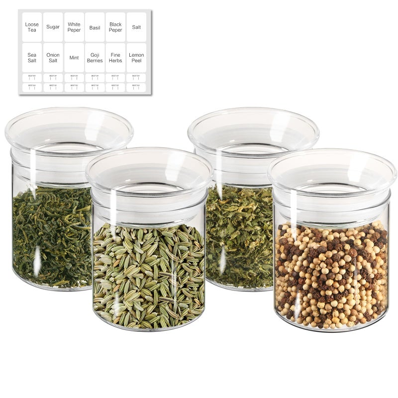 ZENS 10oz Glass Jars with Airtight Lid, 4 Pack Glass Kitchen Canisters Set for Spice, Loose Tea, Small Clear Glass Storage Jars with Labels for Herbs, Sugar - Image 1