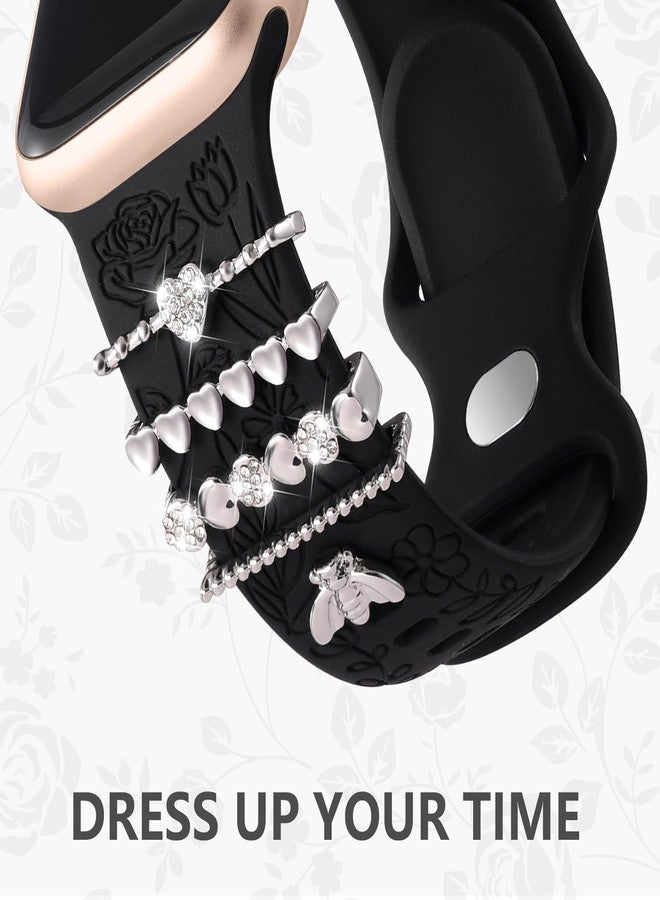 داجين سوار DaQin محفور عليه زهور، متوافق مع أساور ساعة أبل مقاس 44 مم للنساء، و42 مم، و45 مم، و49 مم، سوار سيليكون ناعم مع تعليقات زخرفية لساعة أبل، متوافق مع سلسلة iWatch 9، 8، 7، 6، 5، 4، 3، 2، 1، SE (مع السوار). - Image 3