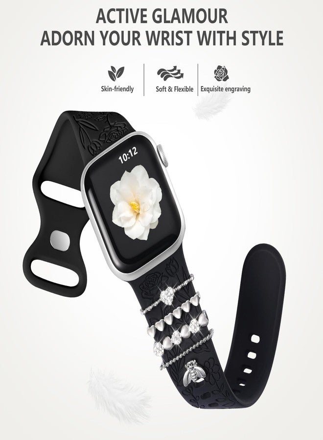 داجين سوار DaQin محفور عليه زهور، متوافق مع أساور ساعة أبل مقاس 44 مم للنساء، و42 مم، و45 مم، و49 مم، سوار سيليكون ناعم مع تعليقات زخرفية لساعة أبل، متوافق مع سلسلة iWatch 9، 8، 7، 6، 5، 4، 3، 2، 1، SE (مع السوار). - Image 5
