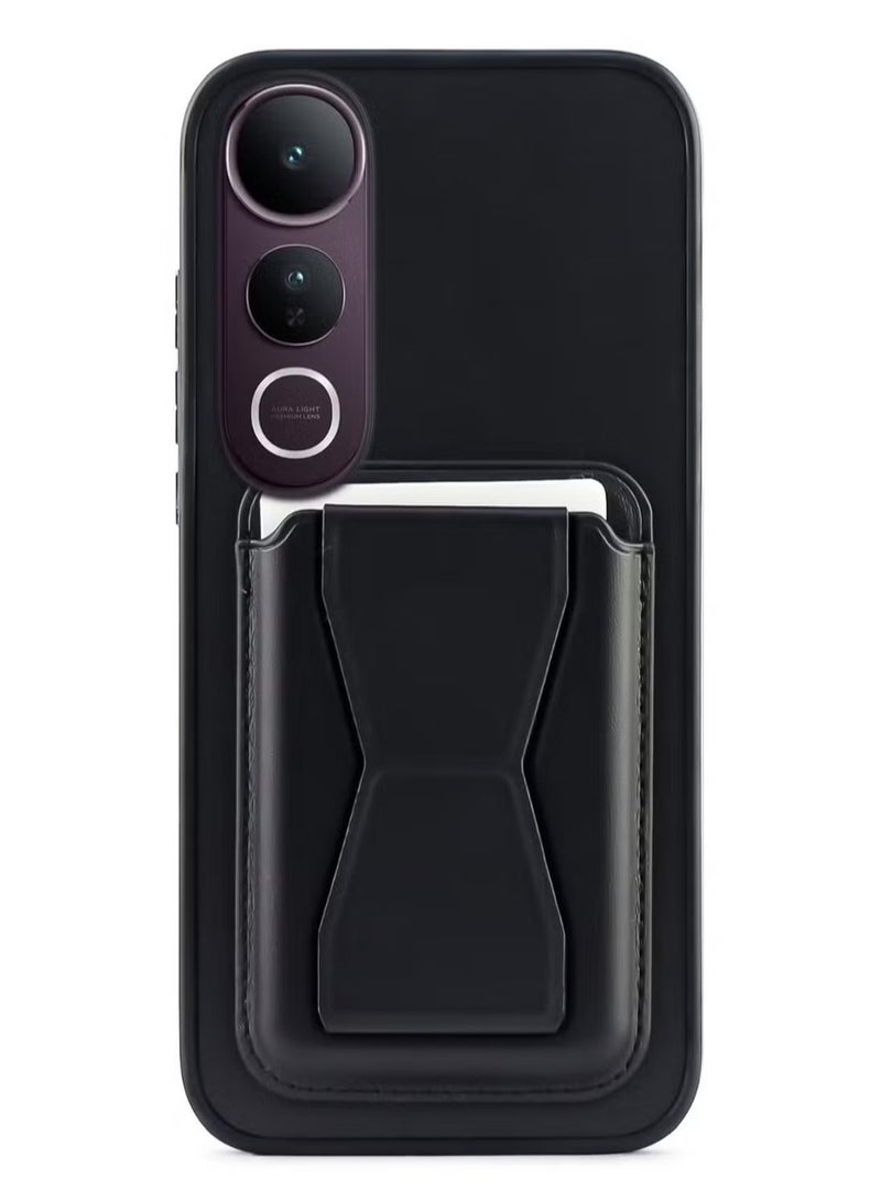 غطاء خلفي من الجلد مع محفظة بطاقات، جراب قابل للطي ومقاوم للصدمات متوافق مع هاتف Vivo V50 Lite (أسود)