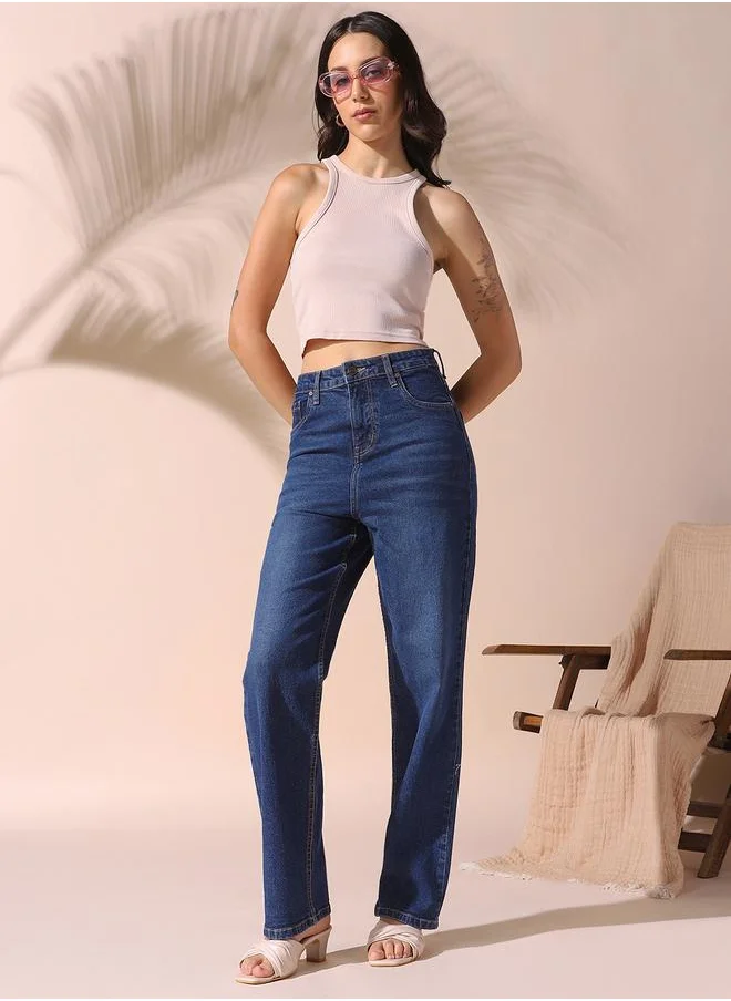 Dennis Lingo Women indigo relaxed fit solid 98% cotton 2% spandex jeans with button & zip closure- a fresh take on timeless style.