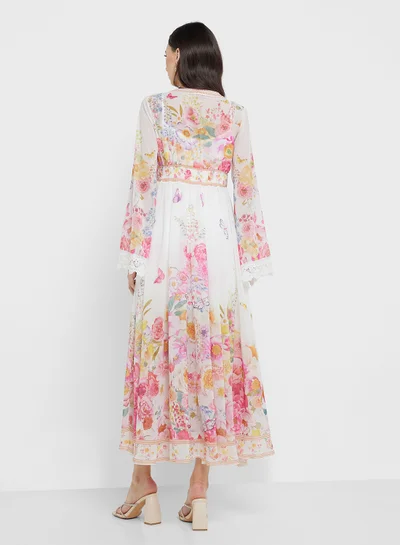 chinese dress ladies FOVIGUO Women Dubai Arabian Floral Print Long Dress Vintage Muslim Sleeve  High Waist Pleated Maxi Dresses Black at Amazon Women's Clothing store main image 0