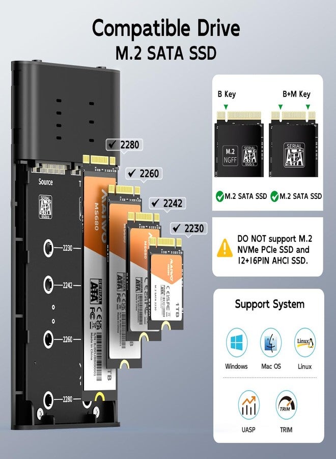 مايوو علبة أقراص MAIWO ثنائية الفتحات من نوع M.2 SATA SSD مع خاصية النسخ الاحتياطي دون اتصال بالإنترنت، وسرعة نقل بيانات USB-C تصل إلى 5 جيجابت في الثانية مع بروتوكول UASP، وسعة تخزين 8 تيرابايت، وجهاز نسخ واستنساخ أقراص M.2 SATA - Image 4