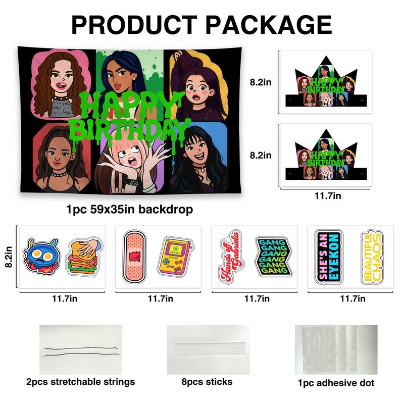 Allenjoy Fashion Music Girl Party Decorations Set - 11 Piece Kit with 59"x35" Backdrop, 2 Headbands, 8 Photo Booth Props, Supplies, Favors for Birthday Girls Teens Women Fans Daughter Decor - Image 2