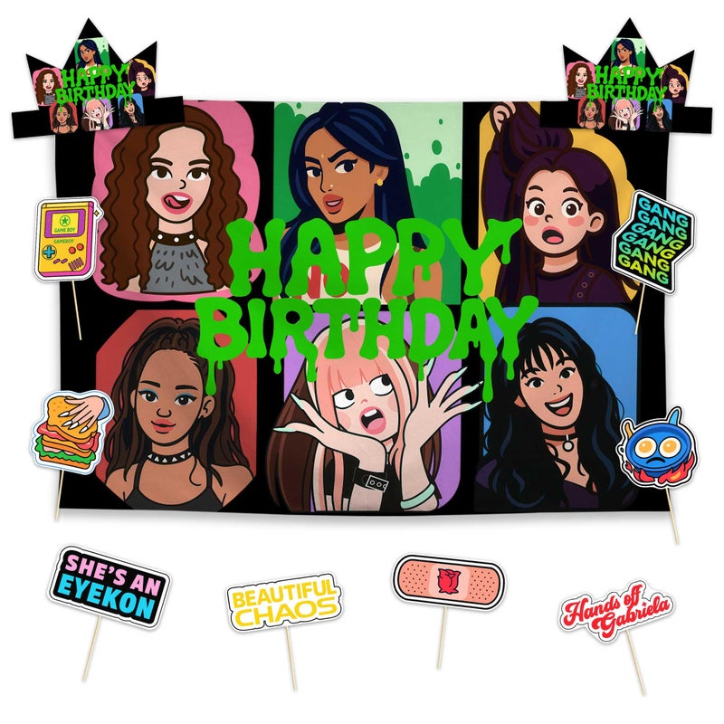 Allenjoy Fashion Music Girl Party Decorations Set - 11 Piece Kit with 59"x35" Backdrop, 2 Headbands, 8 Photo Booth Props, Supplies, Favors for Birthday Girls Teens Women Fans Daughter Decor - Image 1