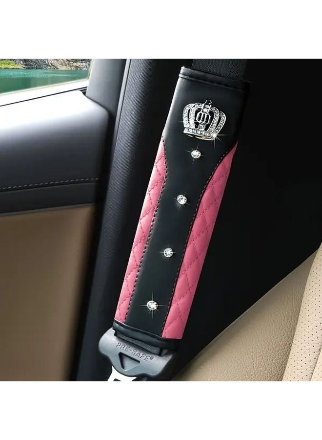 Red Faux Leather Studded Crown Seatbelt Shoulder Pads Protector - Image 5