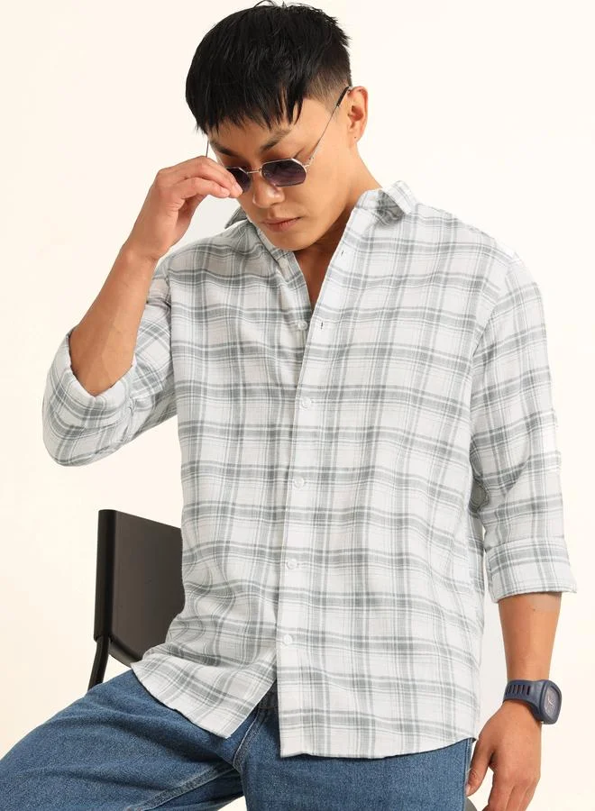 Bushirt Bushirt Men White Checked Spread Collar Shirt
