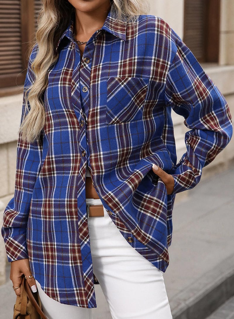 CHYRII Womens Oversized Flannel Shirts Button Down Long Sleeve Plaid Shirt Business Casual Blouse Top Royal Blue S - Image 2