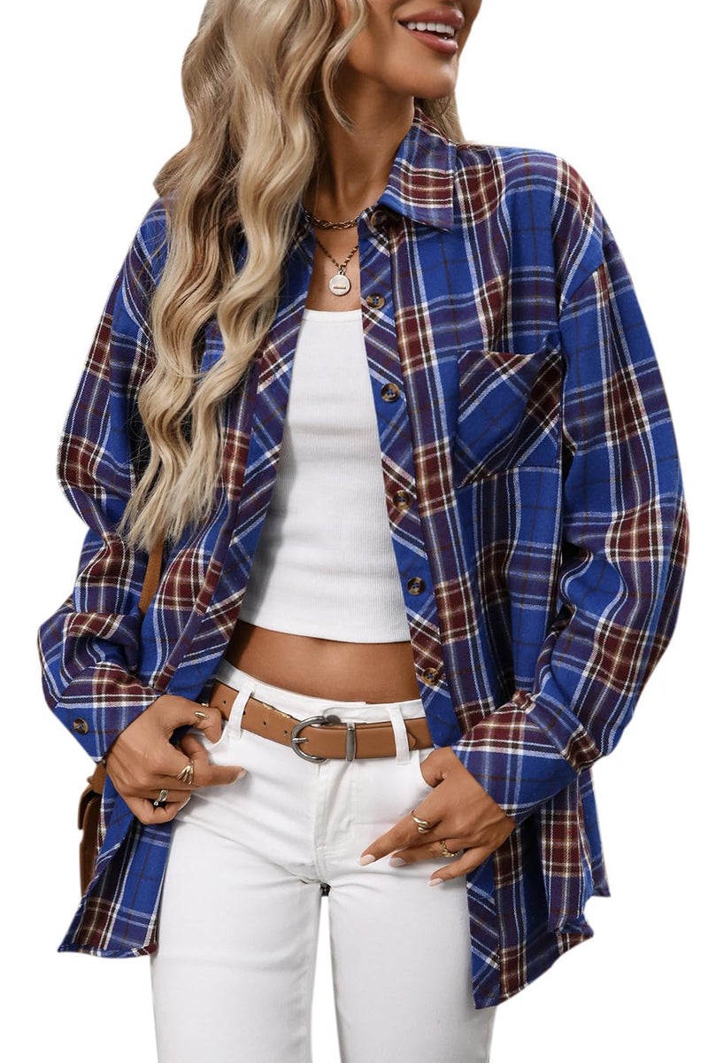 CHYRII Womens Oversized Flannel Shirts Button Down Long Sleeve Plaid Shirt Business Casual Blouse Top Royal Blue S - Image 1