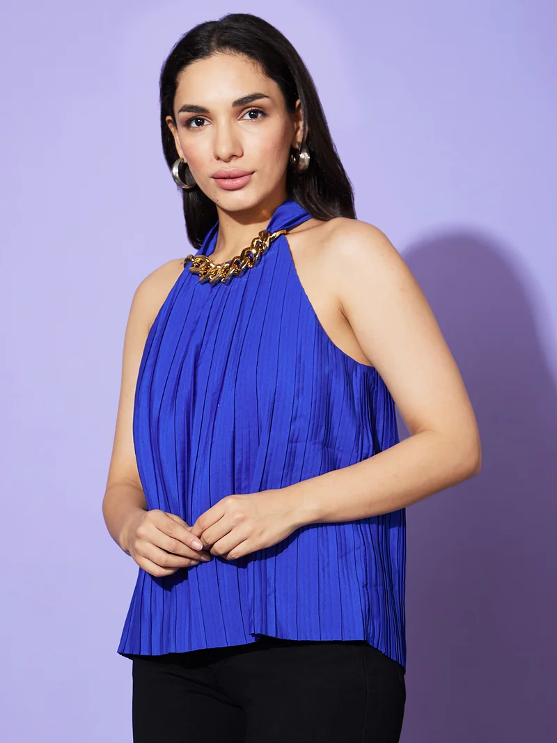 globus Globus Women Blue Accordion Pleats Crepe Party Top