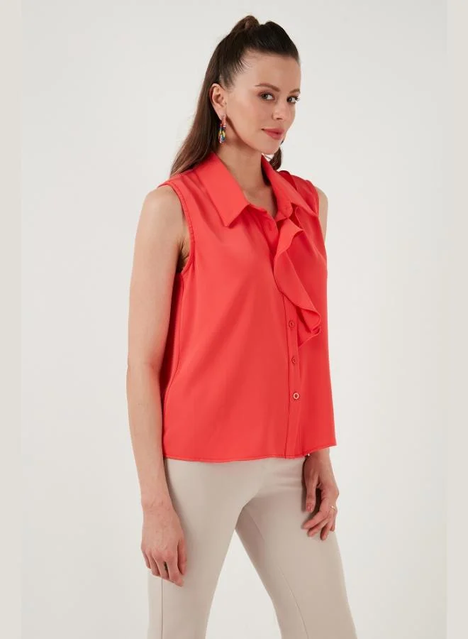 ليلا قميص نسائي بدون أكمام بياقة ليلى وكشكشة ومقاس عادي