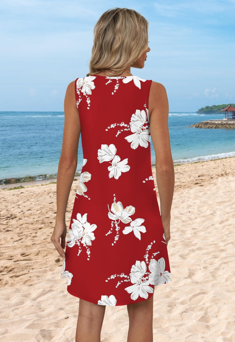Aokosor Red Dresses for Women 2026 Loose V Neck Sleeveless Casual Dress Sundresses Swing Tank Christmas Holiday Dresses Floral Print 2XL - Image 5