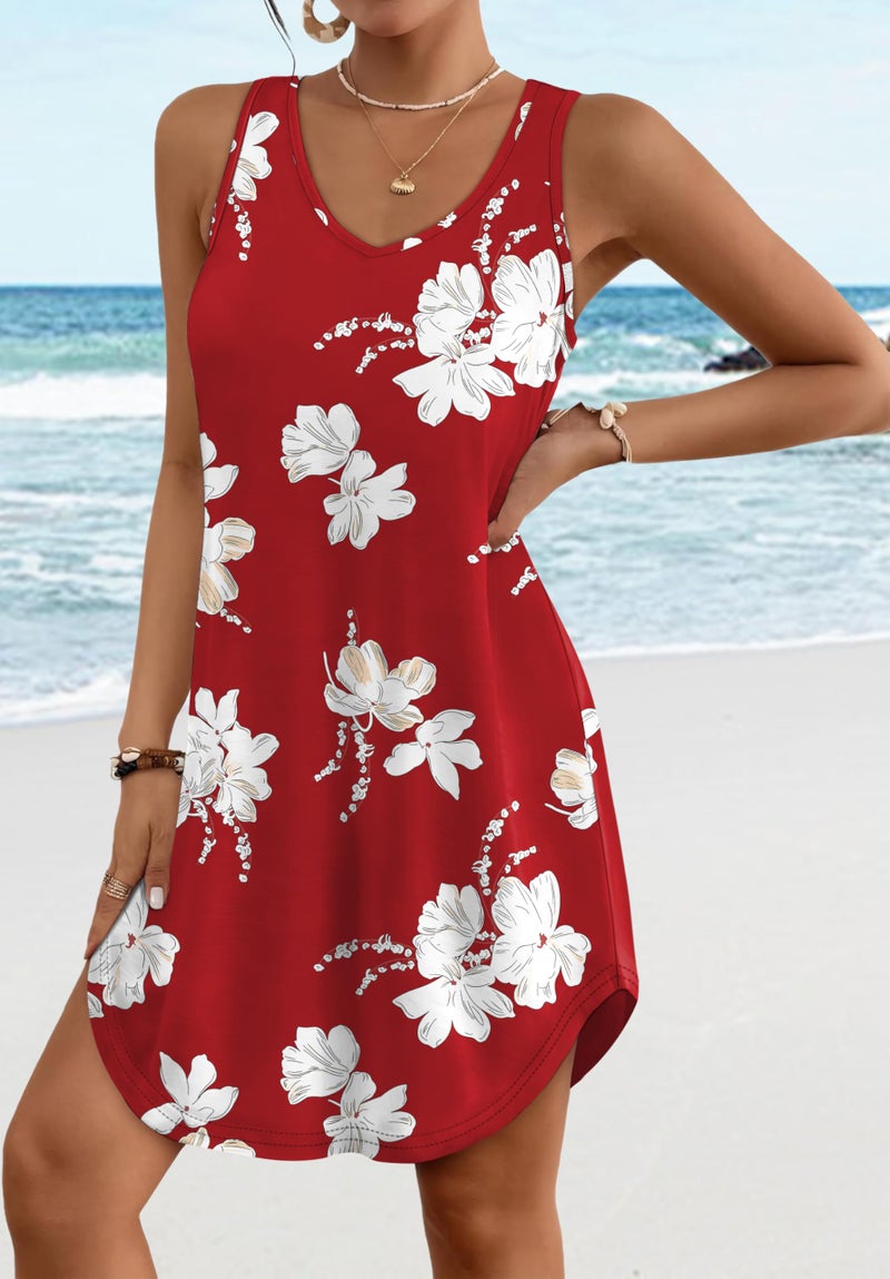 Aokosor Red Dresses for Women 2026 Loose V Neck Sleeveless Casual Dress Sundresses Swing Tank Christmas Holiday Dresses Floral Print 2XL - Image 2