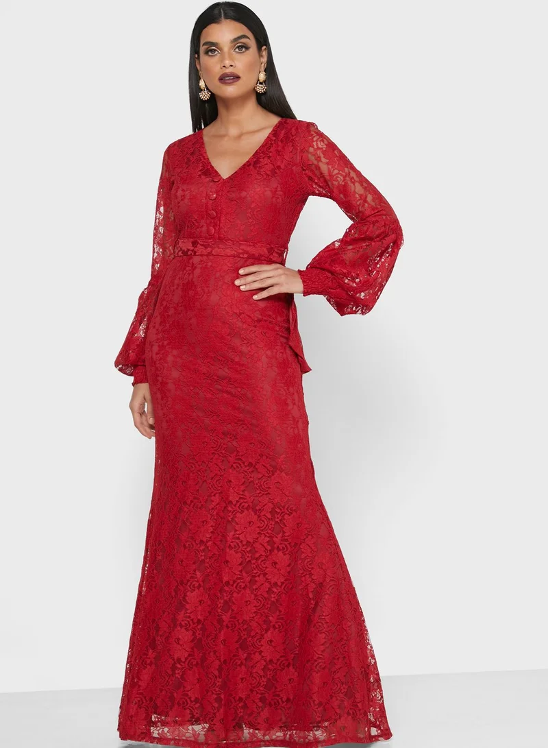 Golden Apple Puff Sleeve Lace Dress