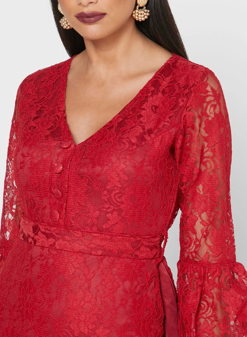Golden Apple Puff Sleeve Lace Dress