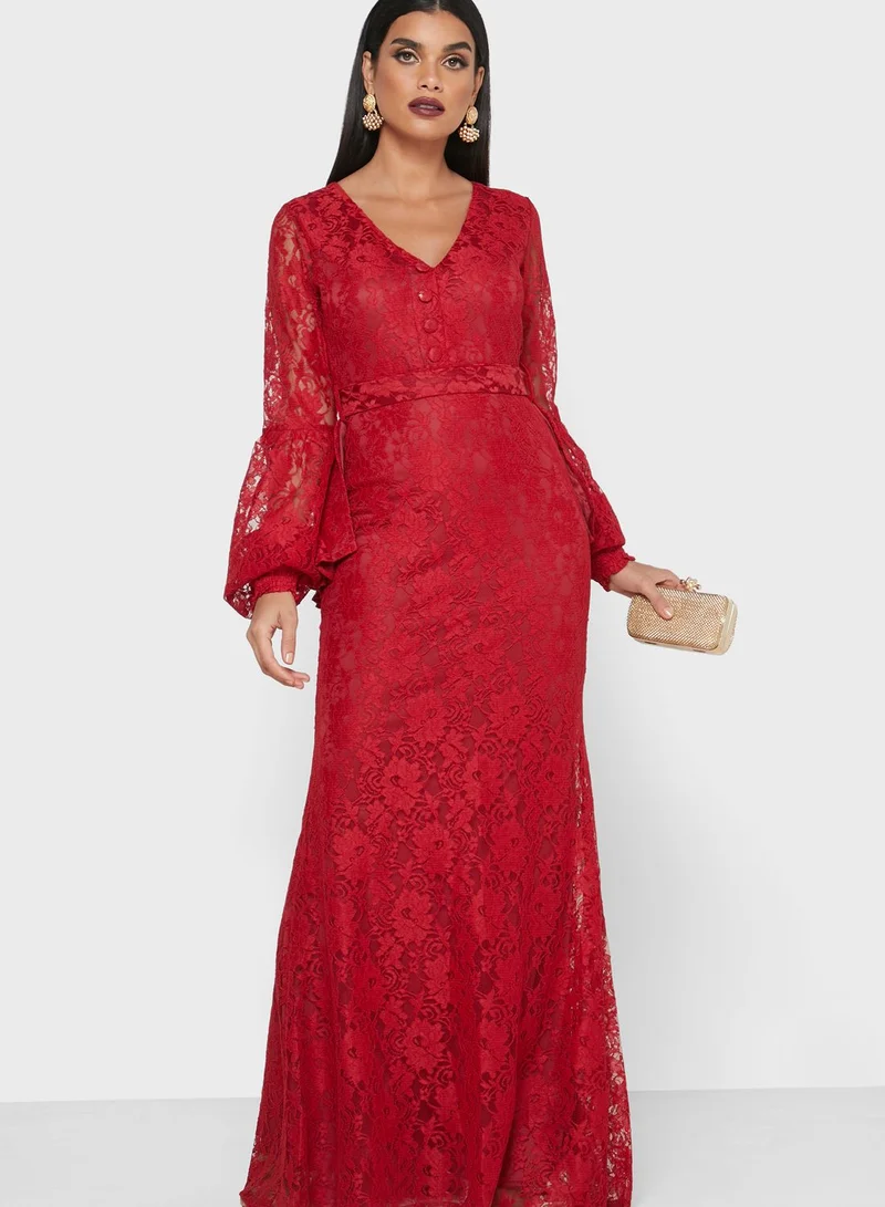 Golden Apple Puff Sleeve Lace Dress