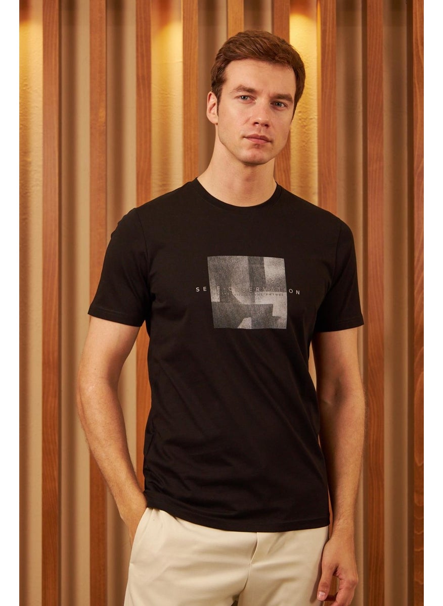 Odelon - Men's Comfort Fit Printed Cotton T-Shirt Black Self Observation MARS11 - Image 1