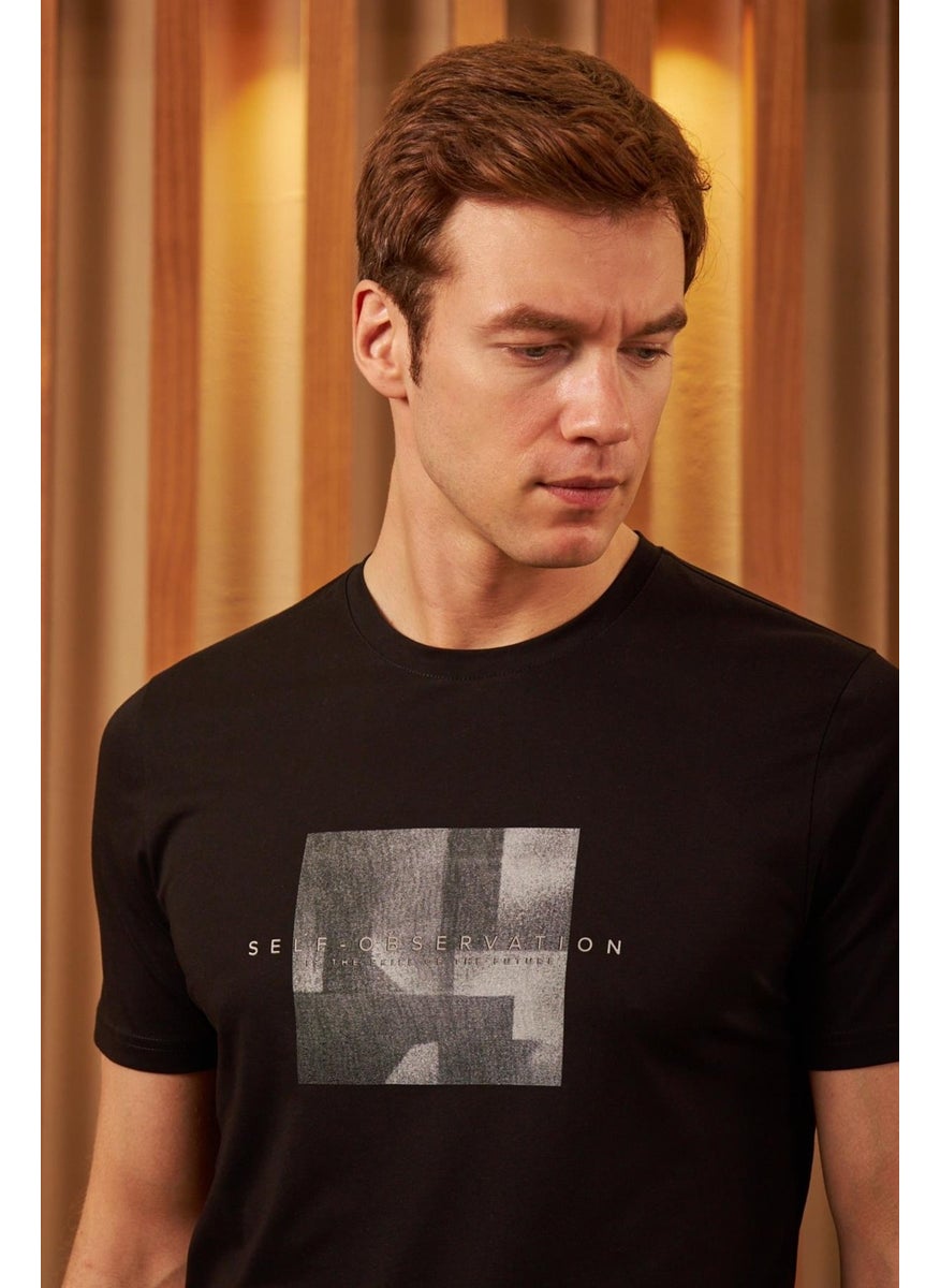 Odelon - Men's Comfort Fit Printed Cotton T-Shirt Black Self Observation MARS11 - Image 1