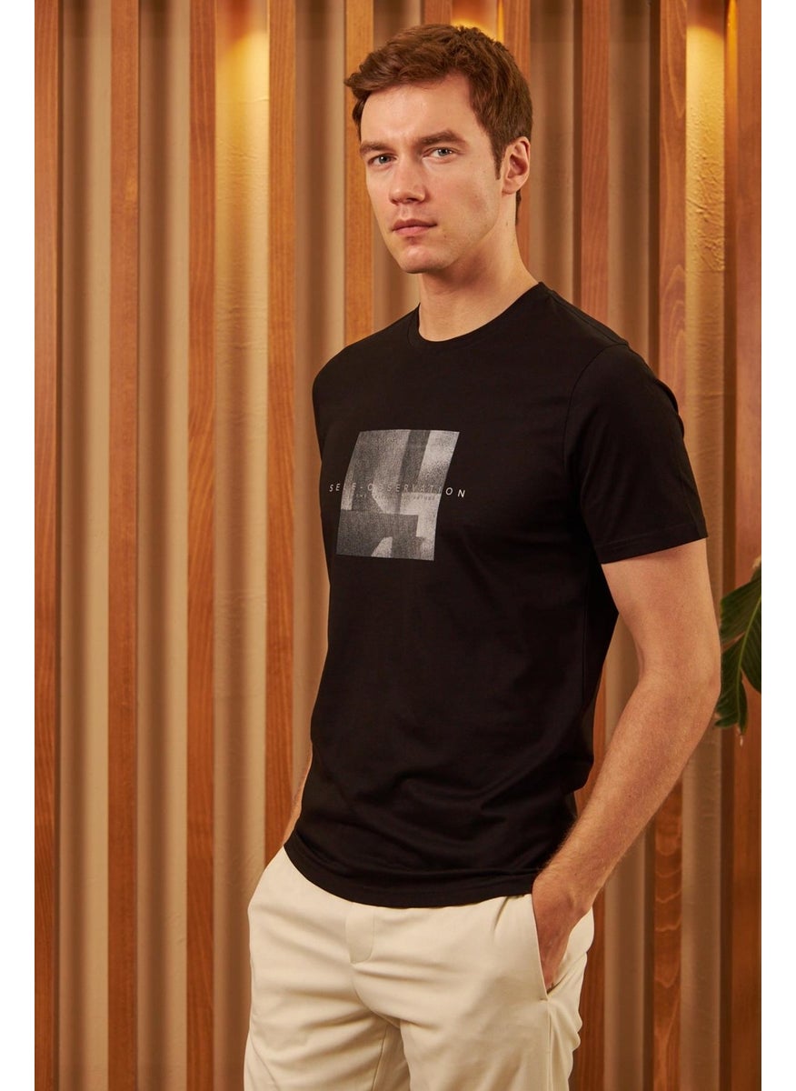Odelon - Men's Comfort Fit Printed Cotton T-Shirt Black Self Observation MARS11 - Image 1