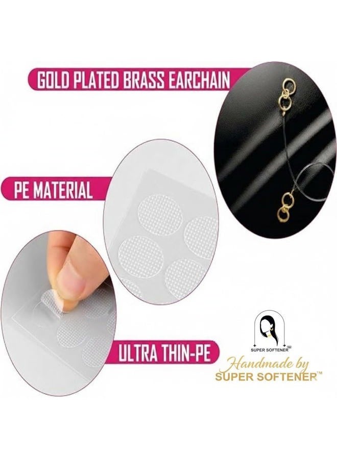 SUPER SOFTENER Gold Plated Transparent, Stretchable, Adjustable, Lightweighted Ear Chain For Heavy Earrings – Comfortable Support Women & Girls (2 Pair) With Invisible Lobe Patches - Image 2