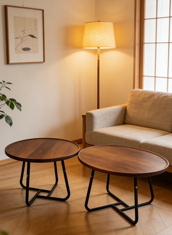 Migue home طقم من 2 طاولة قهوة دائرية متداخلة لغرفة المعيشة، طاولة جانبية، تجميع سهل، لون الجوز - Image 2