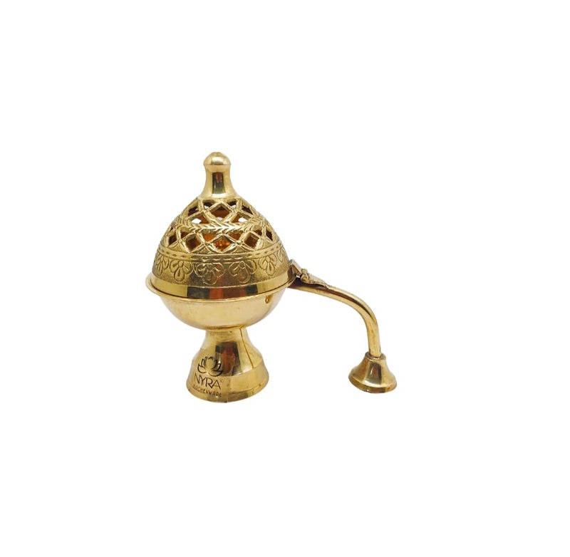 Nyra Home Purifying Brass Dhuna Loban Burner Dhooni Dhoop Dani Dhuni Brass Table Dhoop Dani Incense Burner for LobanRound
