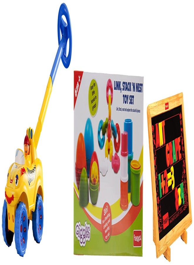 Giggles Funskool Walk N Drive Plastic Truck,Push&Drive Car&Funskool Learn N Write Slate,2 in 1 Magnetic&Dry Erase Board Link Stack N Nest Toy Set 3 in 1 Gift Set,Develops Motor Skills,Multi - Image 1