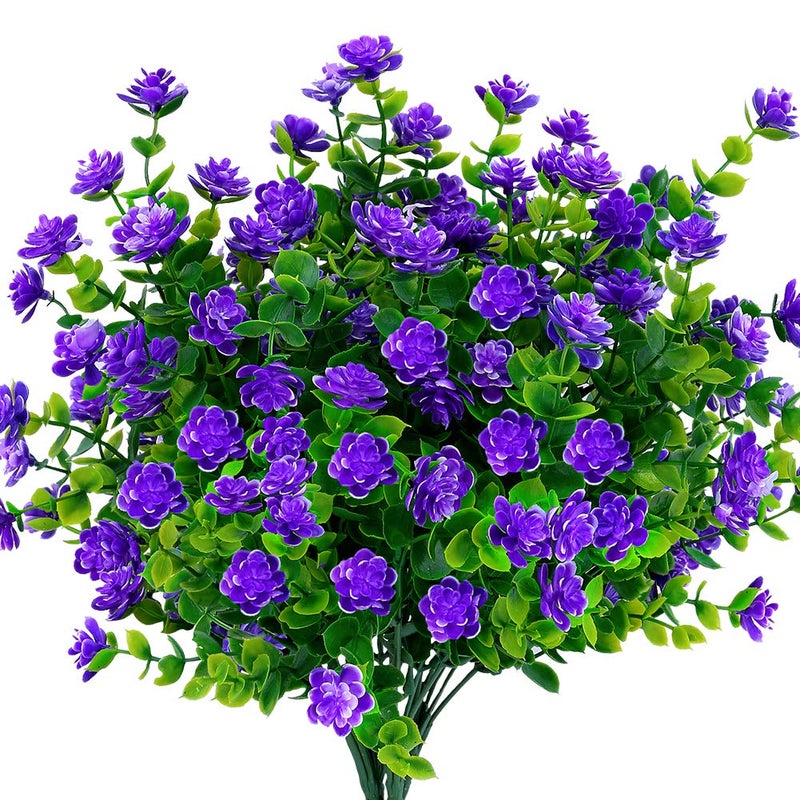 KLEMOO 8 Bundles Outdoor Artificial Fake Flowers UV Resistant No Fade Boxwood Faux Plastic Plants for Garden Patio Porch Window Box Home Wedding Farmhouse Dcor Purple