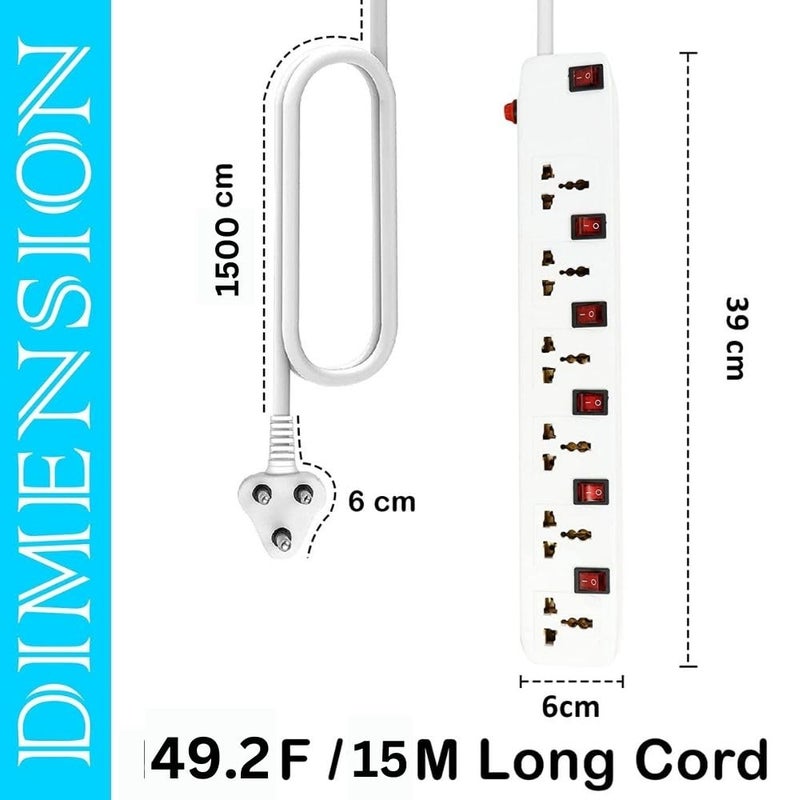 FEDUS لوحة تمديد بطول 49.2 قدم (15 متر) | صندوق تمديد مع 6 مآخذ و 6 مفاتيح مع مفتاح، كابلات تمديد، واقي من الارتفاع، لوحة تمديد مع سلك بطول 15 متر (6 مآخذ 6 مفاتيح) - Image 4