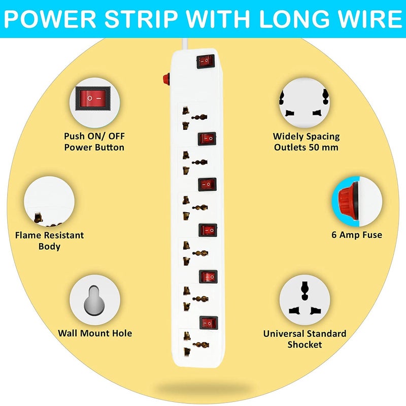 FEDUS لوحة تمديد بطول 49.2 قدم (15 متر) | صندوق تمديد مع 6 مآخذ و 6 مفاتيح مع مفتاح، كابلات تمديد، واقي من الارتفاع، لوحة تمديد مع سلك بطول 15 متر (6 مآخذ 6 مفاتيح) - Image 5