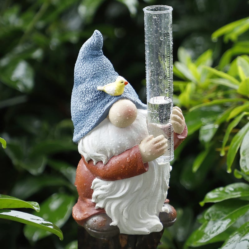 FORUP FORUP Resin Gnome Rain Gauge Hand Painted Gnome Statue with Plastic Rain Gauge 