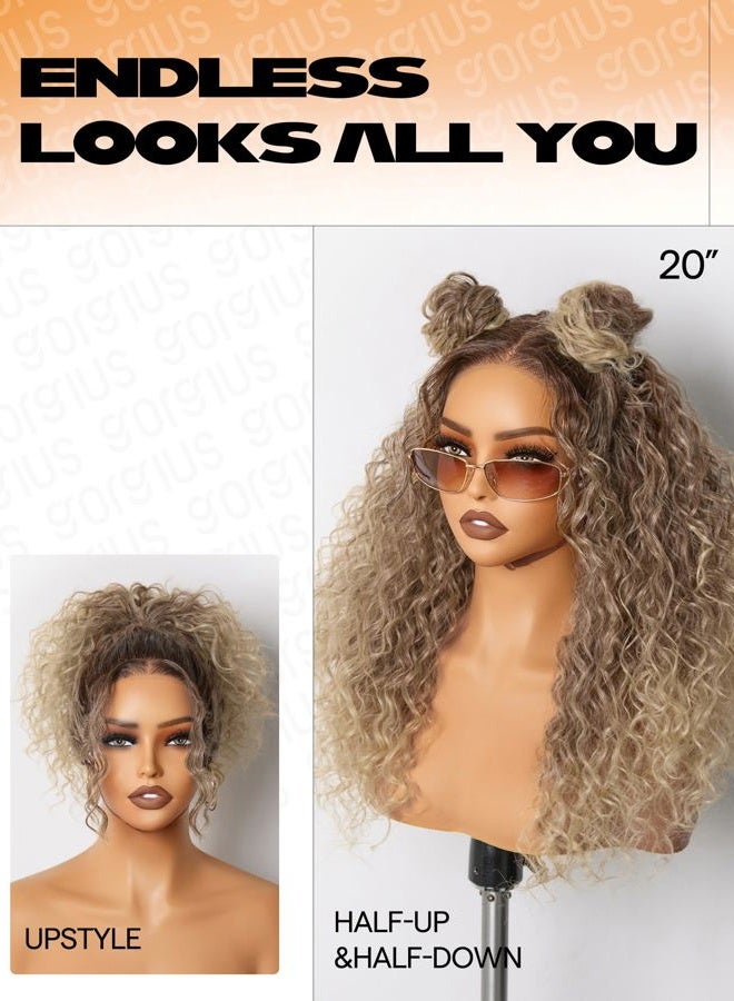 GORGIUS Brown and Blonde Highlight Curly Lace Front Wigs Pre Cut Glueless Highlighted Synthetic Wig Upgraded with Premium Human-Hair-Like Fiber Pre Plucked Hairline 20 Inch - Image 3
