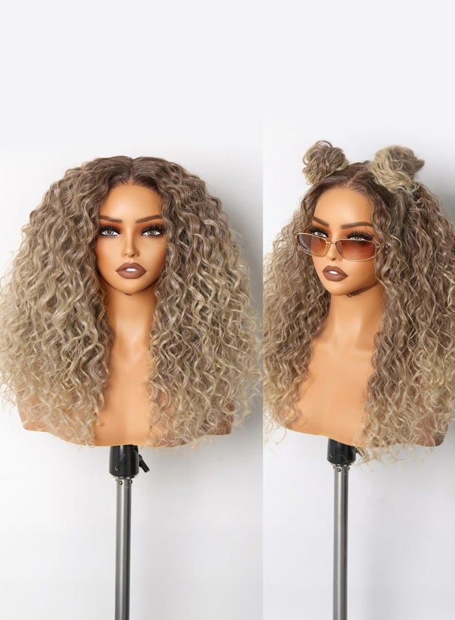 GORGIUS Brown and Blonde Highlight Curly Lace Front Wigs Pre Cut Glueless Highlighted Synthetic Wig Upgraded with Premium Human-Hair-Like Fiber Pre Plucked Hairline 20 Inch - Image 1