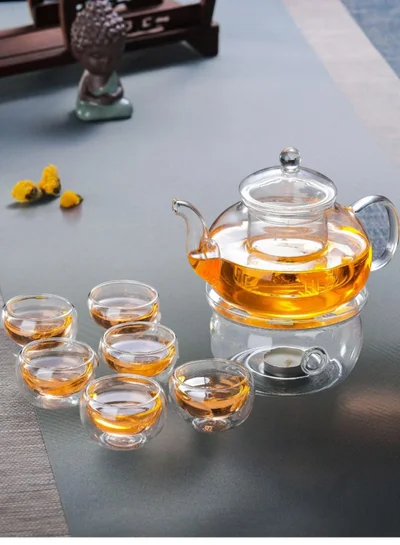 1Chase Borosilicate Heat Resistant Glass Teapot with Tea Warmer and 50 ml Double Wall Glass 6 Pc Set