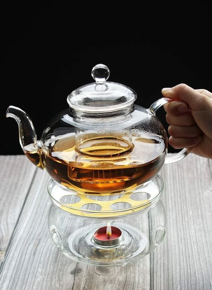 1Chase Borosilicate Heat Resistant Glass Teapot with Tea Warmer and 50 ml Double Wall Glass 6 Pc Set
