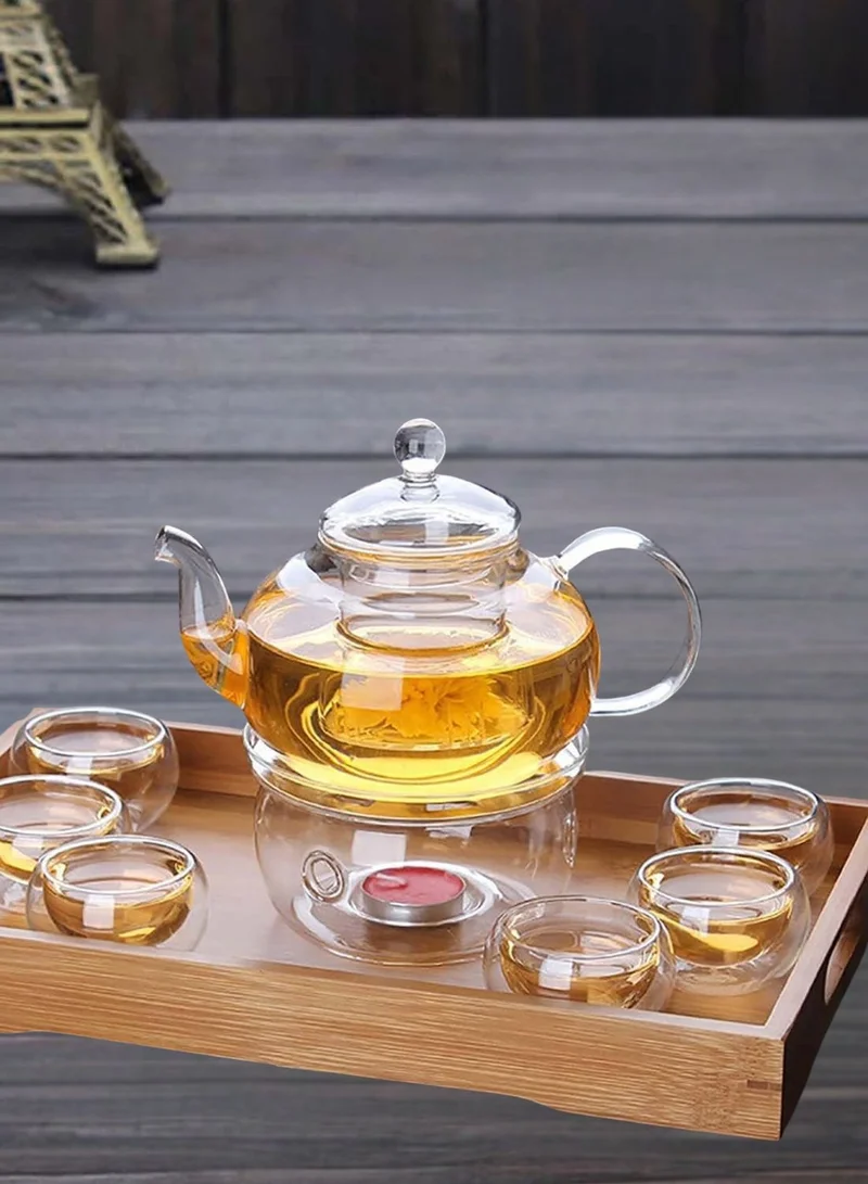 1Chase Borosilicate Heat Resistant Glass Teapot with Tea Warmer and 50 ml Double Wall Glass 6 Pc Set
