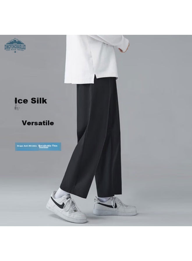 Dingfengbaoluo Men's Pants, Versatile Loose Straight-leg Ice Silk Trousers For Spring And Autumn, Casual Sports Pants, Style 1216, Black, XL - Image 1