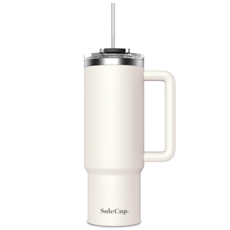 SoleCup 30oz Travel Mug with Handle Lid and Two Straws Drinks Stay Hot for 8 Hours and Cold for 24 Hours  Double Wall Stainless Steel Vacuum Insulated Tumbler Cream 30oz