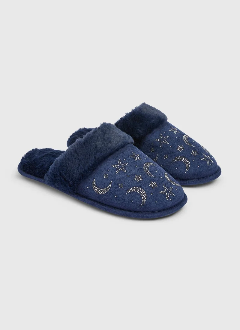Matalan Navy Diamante Star & Moon Mule Slippers