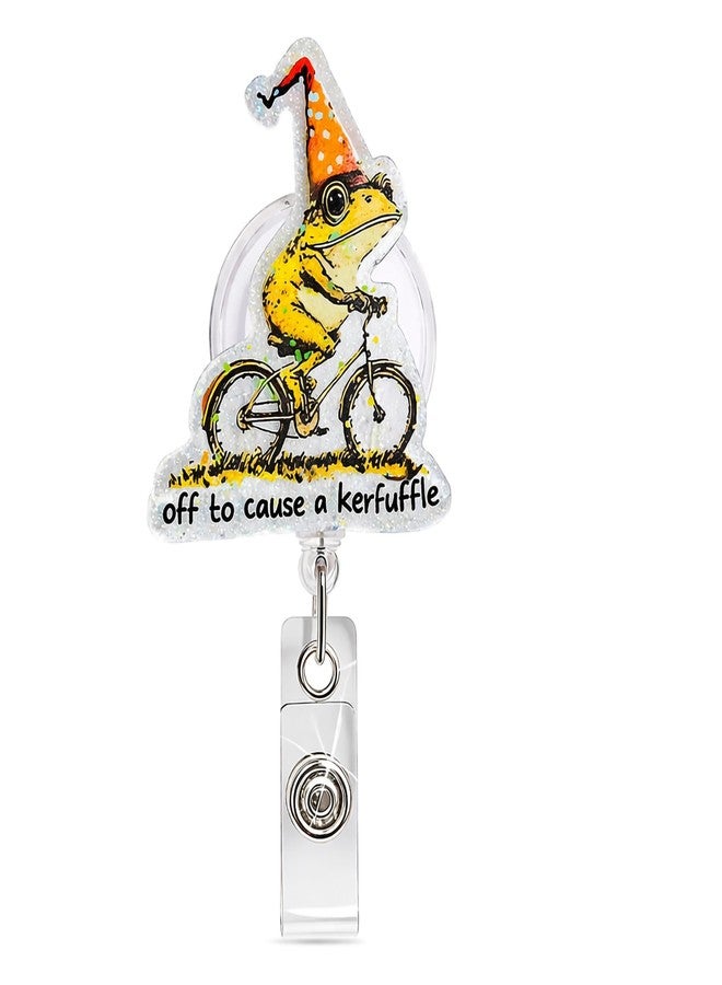 TNDCKP Nurse Badge Reel Retractable ID Badge Holder with 360 Swivel Alligator Clip - Funny Frog on Bike Quote “Off to Cause a Kerfuffle” for RN LPN CNA MA, Nursing Students - Image 1